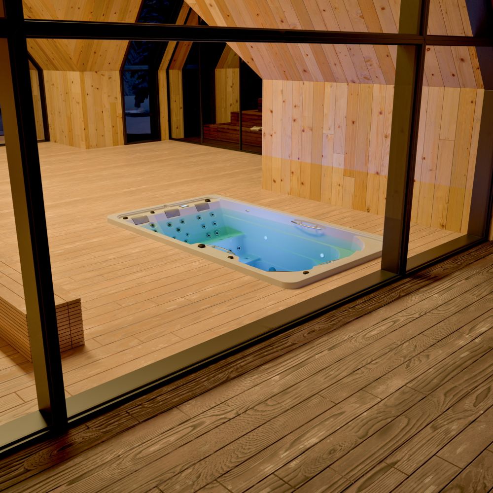 Wanna z hydromasażem wbudowana w drewnianą podłogę nowoczesnego wnętrza.