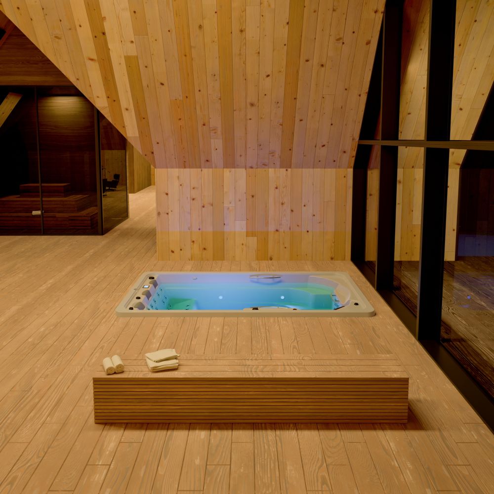 Wanna z hydromasażem w nowoczesnym, drewnianym wnętrzu z przeszkloną ścianą.