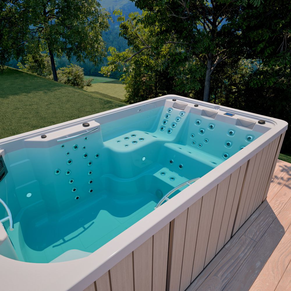 Wanna ogrodowa z hydromasażem na tarasie w otoczeniu zieleni.