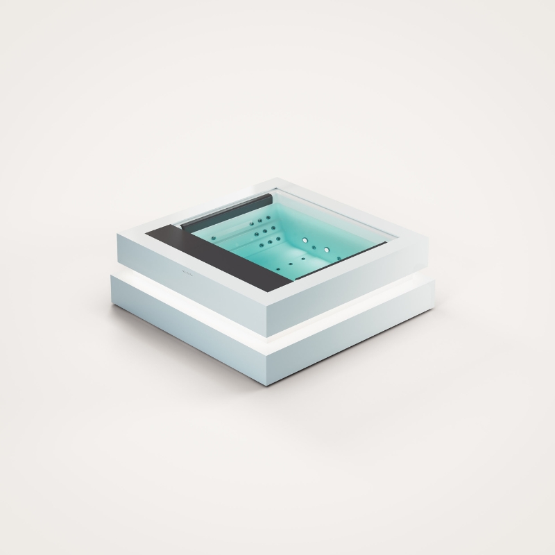 Nowoczesna biała wanna z hydromasażem i podświetleniem na jasnym tle.