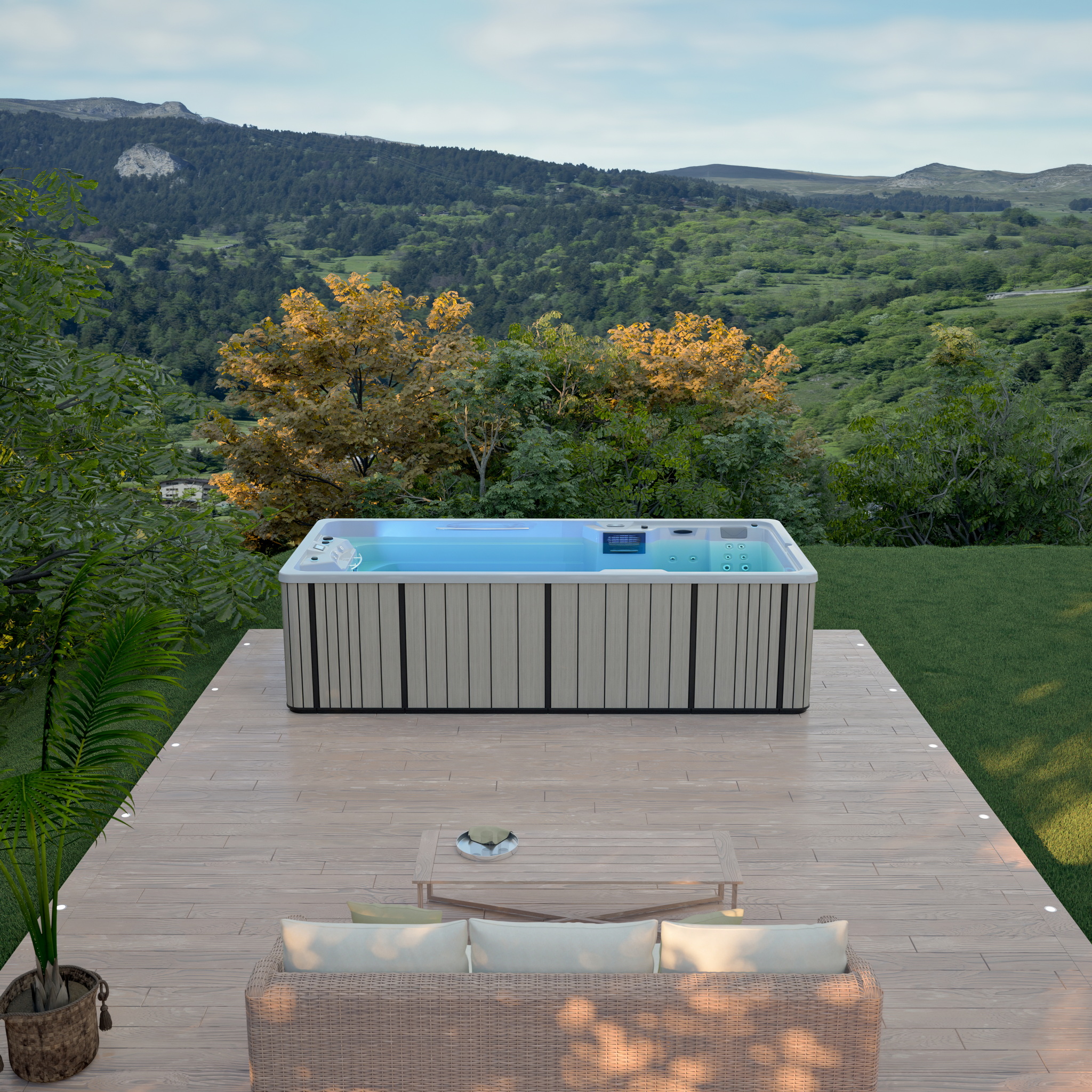 Wanna spa z podświetlaną wodą na tarasie z widokiem na góry i las.