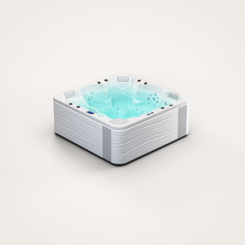 Białe kwadratowe jacuzzi z podświetlaną turkusową wodą i dyszami masującymi.