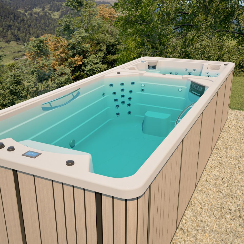 Basen z hydromasażem ustawiony na zewnątrz w ogrodzie.