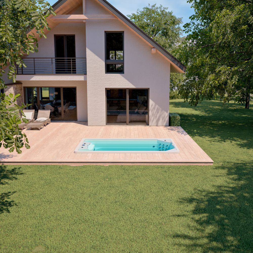 Nowoczesny dom z drewnianym tarasem, leżakami i przydomowym basenem w ogrodzie.