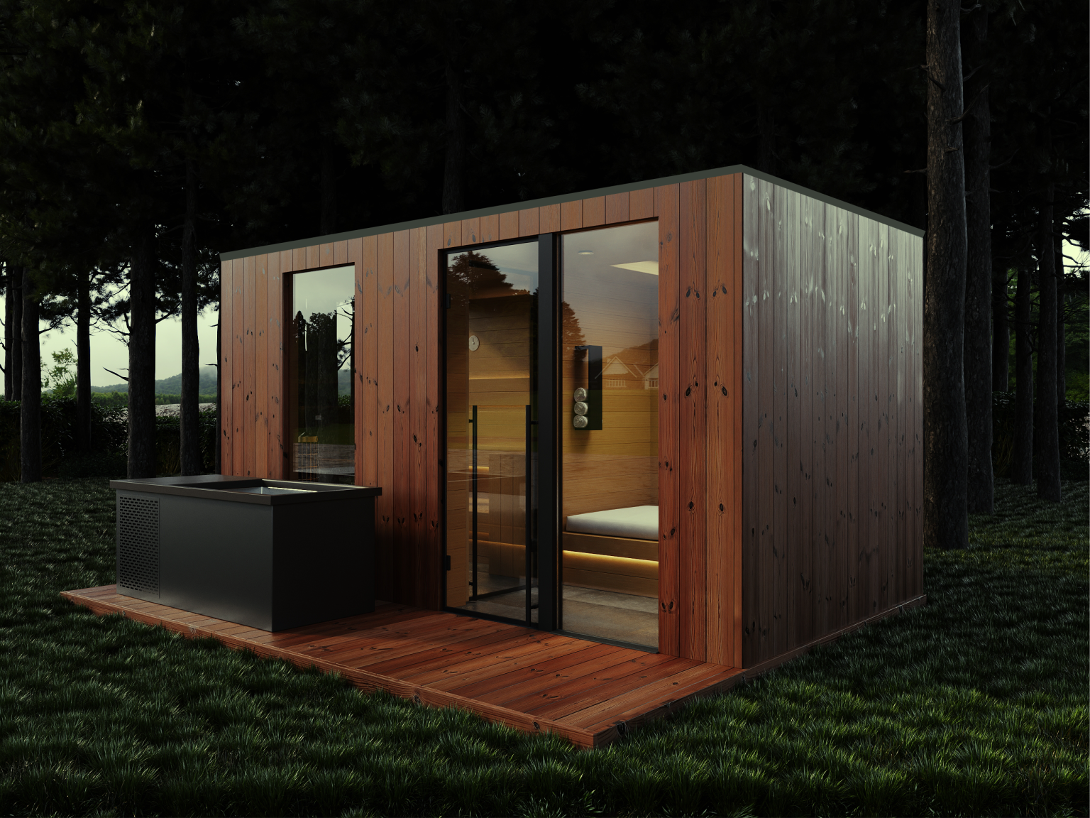 Nowoczesna sauna ogrodowa z przeszklonymi drzwiami i zewnętrznym baliami na drewnianym podeście w lesie.