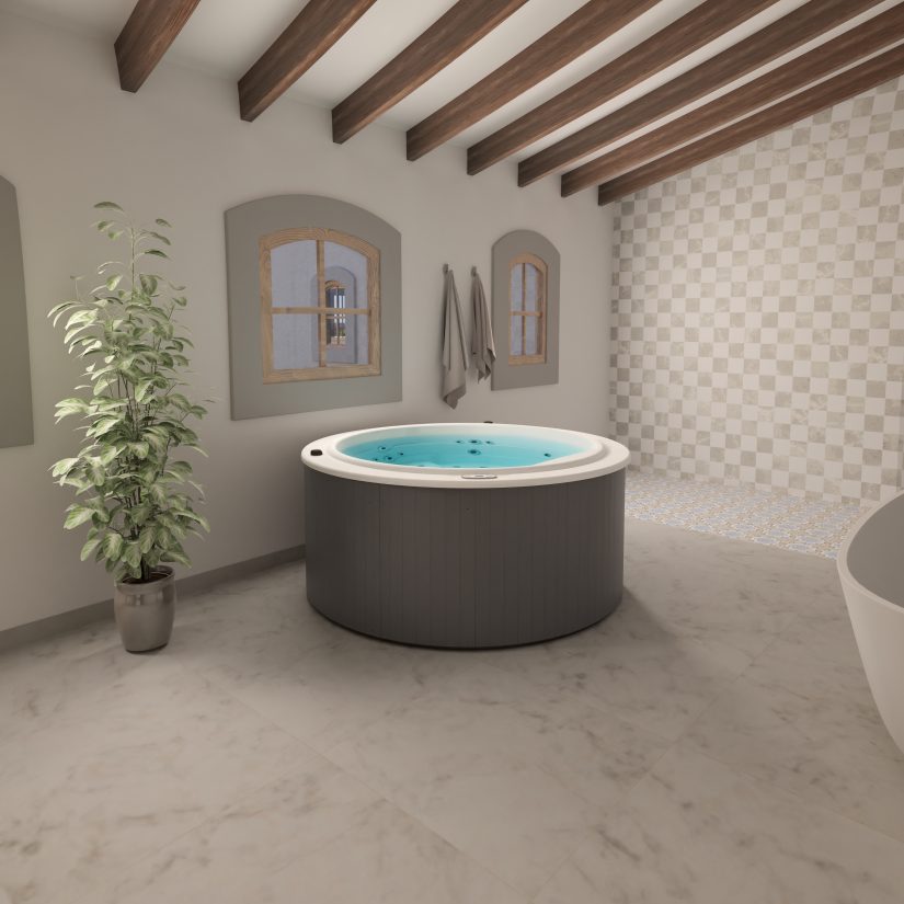 Okrągła wanna z hydromasażem w nowoczesnej łazience z drewnianymi belkami stropowymi i rośliną doniczkową.