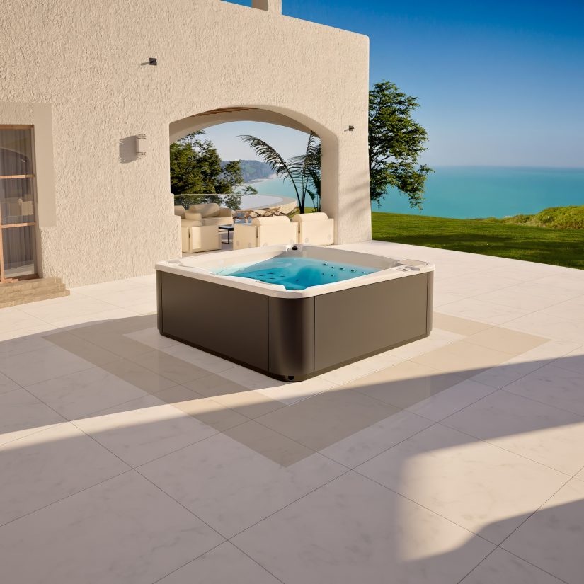 Nowoczesne jacuzzi na tarasie willi z widokiem na morze.