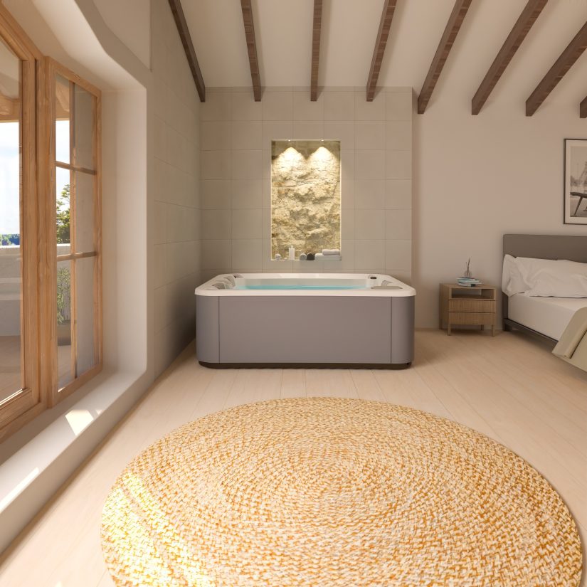 Nowoczesna sypialnia z wanną spa, drewnianym sufitem z belkami i okrągłym dywanem.