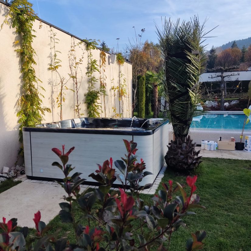 Nowoczesne jacuzzi ogrodowe z fontanną przy ścianie z pnączami i palmą, w tle przydomowy basen.