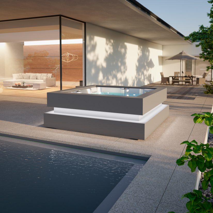 Nowoczesne jacuzzi z podświetleniem na tarasie przy basenie, obok przeszklonego salonu.