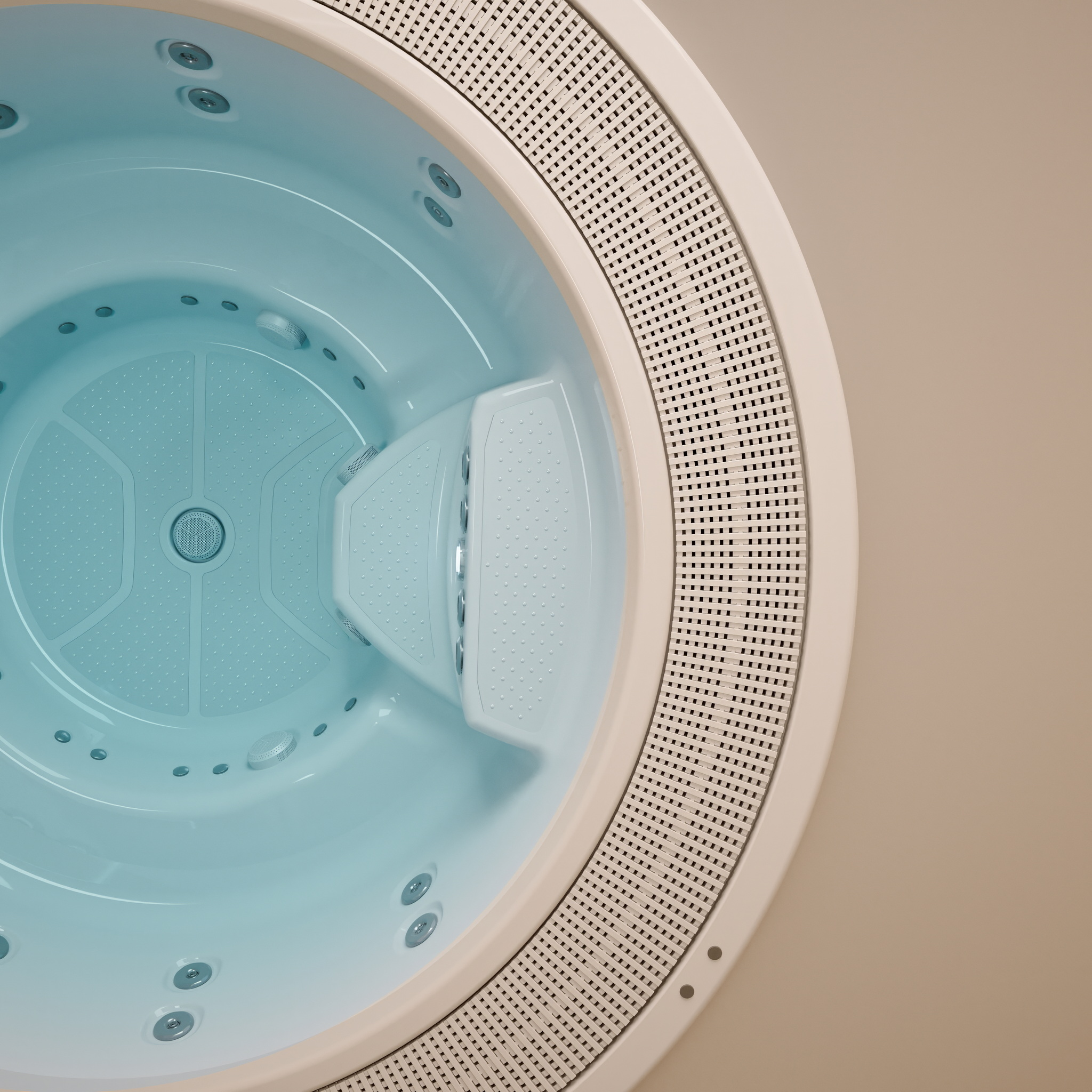 Widok z góry na okrągłą wannę z hydromasażem w kolorze błękitnym z jasną obudową.
