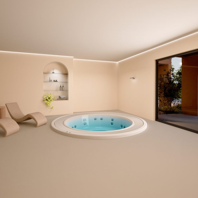 Nowoczesna strefa spa z okrągłym jacuzzi, leżakami i wnęką z akcesoriami kąpielowymi.