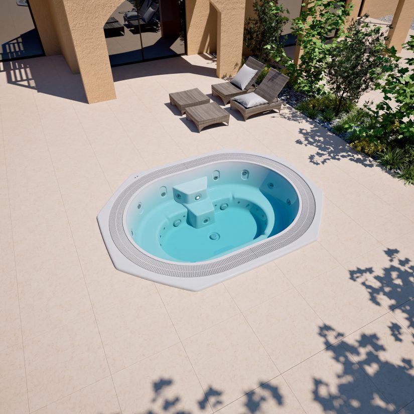 Owalne jacuzzi wbudowane w taras przy domu z leżakami i roślinnością.