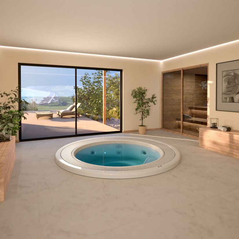 Nowoczesne wnętrze spa z okrągłym jacuzzi, przeszkloną sauną i wyjściem na taras z widokiem na morze.