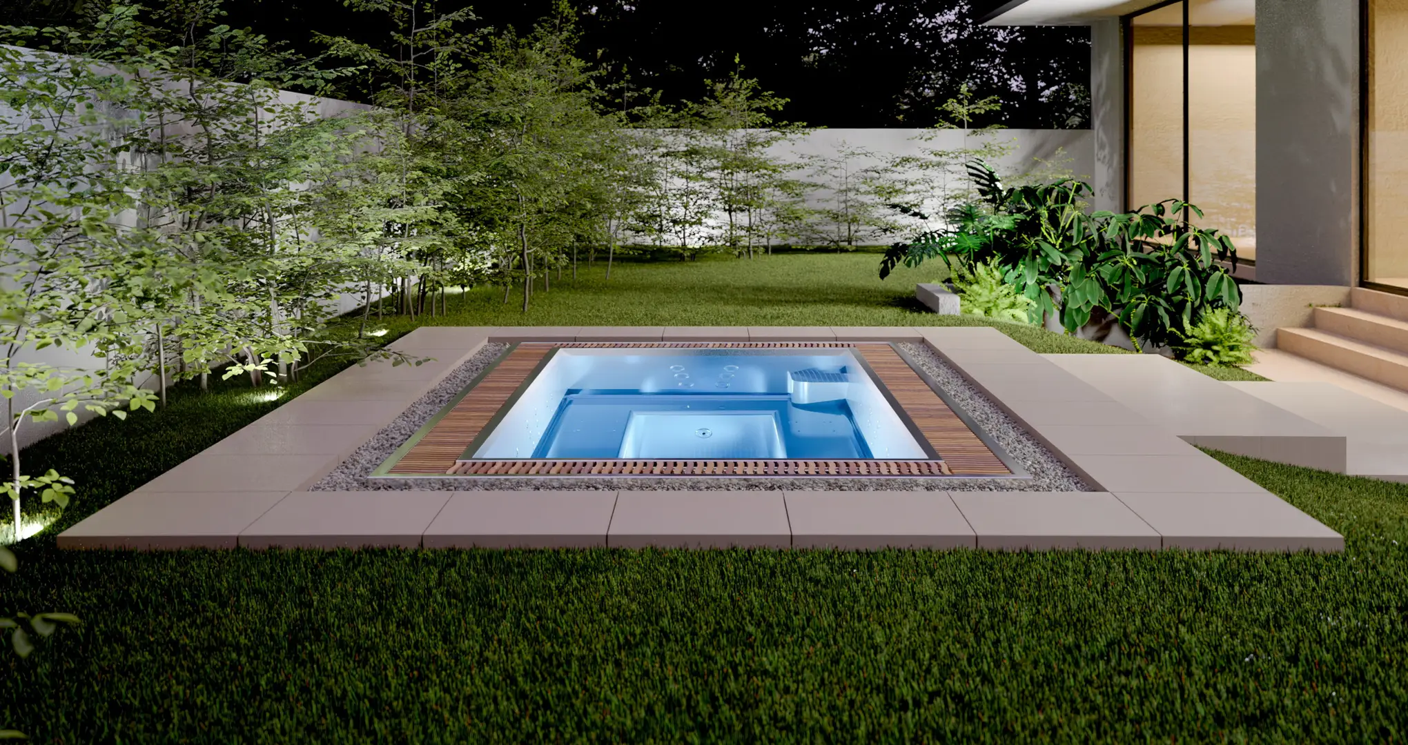 Wbudowane jacuzzi z drewnianym wykończeniem w ogrodzie przy domu.