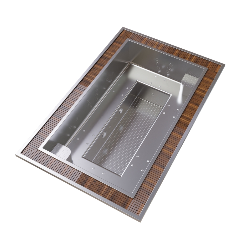 Prostokątna wanna z hydromasażem ze stali nierdzewnej z drewnianym obramowaniem.