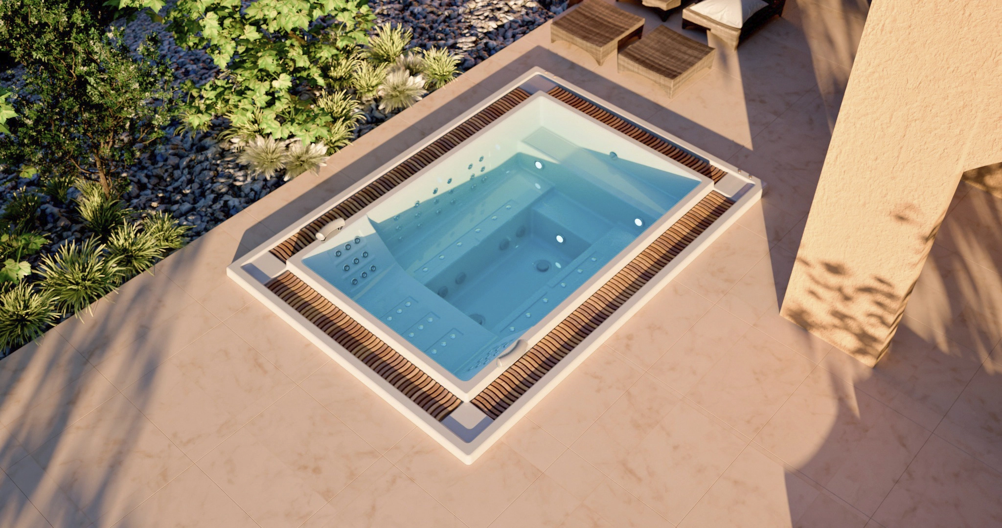 Nowoczesne jacuzzi ogrodowe z systemem hydromasażu wbudowane w taras.