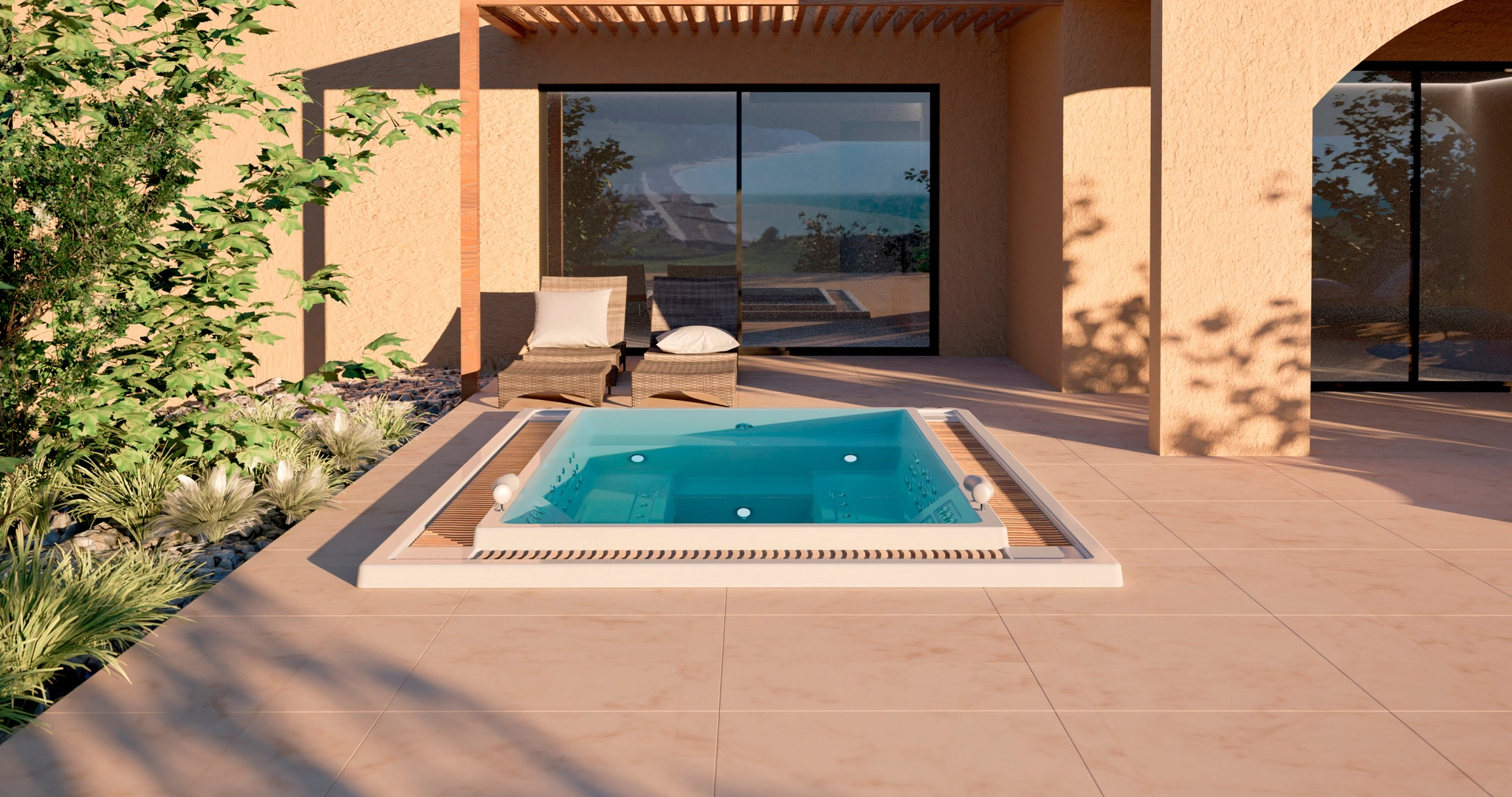 Nowoczesne jacuzzi ogrodowe na tarasie z leżakami przy nowoczesnym domu.