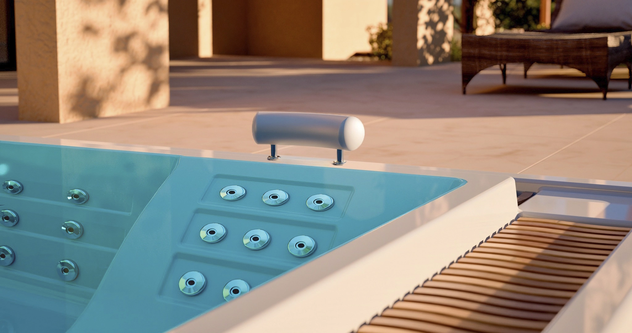 Wnętrze wanny spa z dyszami masującymi i zagłówkiem na tarasie.
