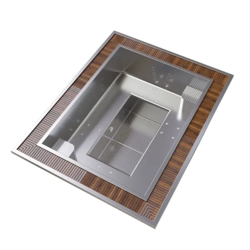 Wanna z hydromasażem ze stali nierdzewnej w obudowie z drewna tekowego