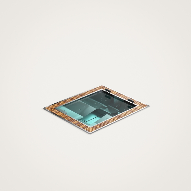 Wanna z hydromasażem z drewnianym obramowaniem na jasnym tle.