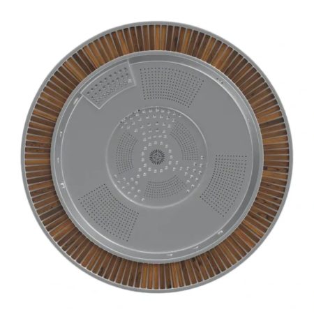 Okrągły panel sufitowy z perforowaną płytą centralną i drewnianym wykończeniem krawędzi.
